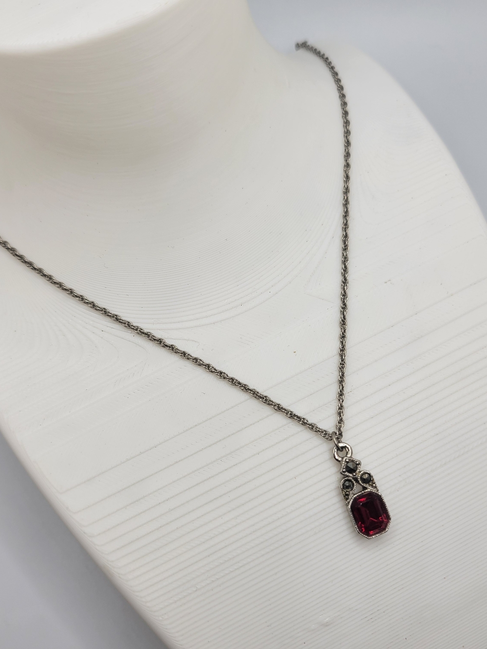 1928 Silver-Tone Necklace with Deep Ruby Red Pendant